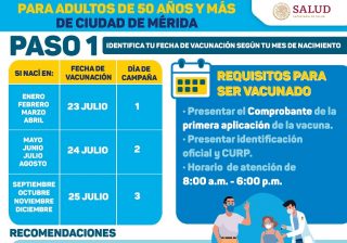 Este viernes inicia la aplicación de la segunda dosis a personas de 50 a 59 años en Mérida