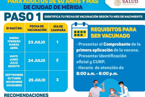 Este viernes inicia la aplicación de la segunda dosis a personas de 50 a 59 años en Mérida
